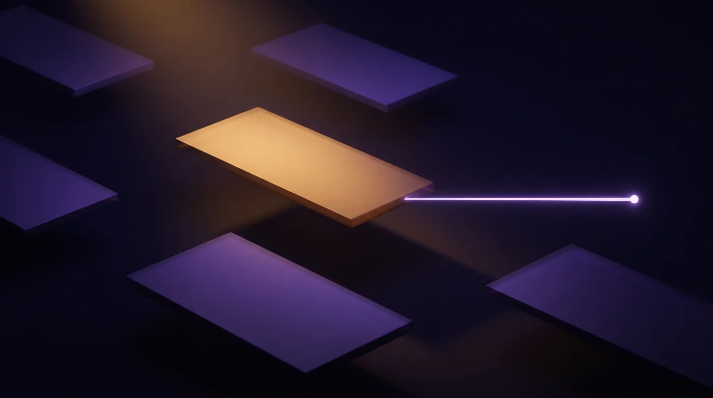 Mehrere dunkle Platten, von denen eine hervorgehoben und mit einem Lichtpunkt verbunden ist