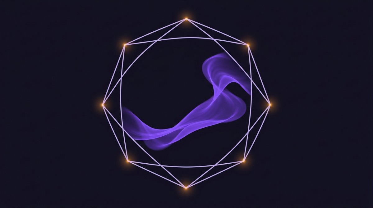 Eine leuchtende Form bewegt sich frei innerhalb einer präzisen, kaum sichtbaren geometrischen Begrenzung