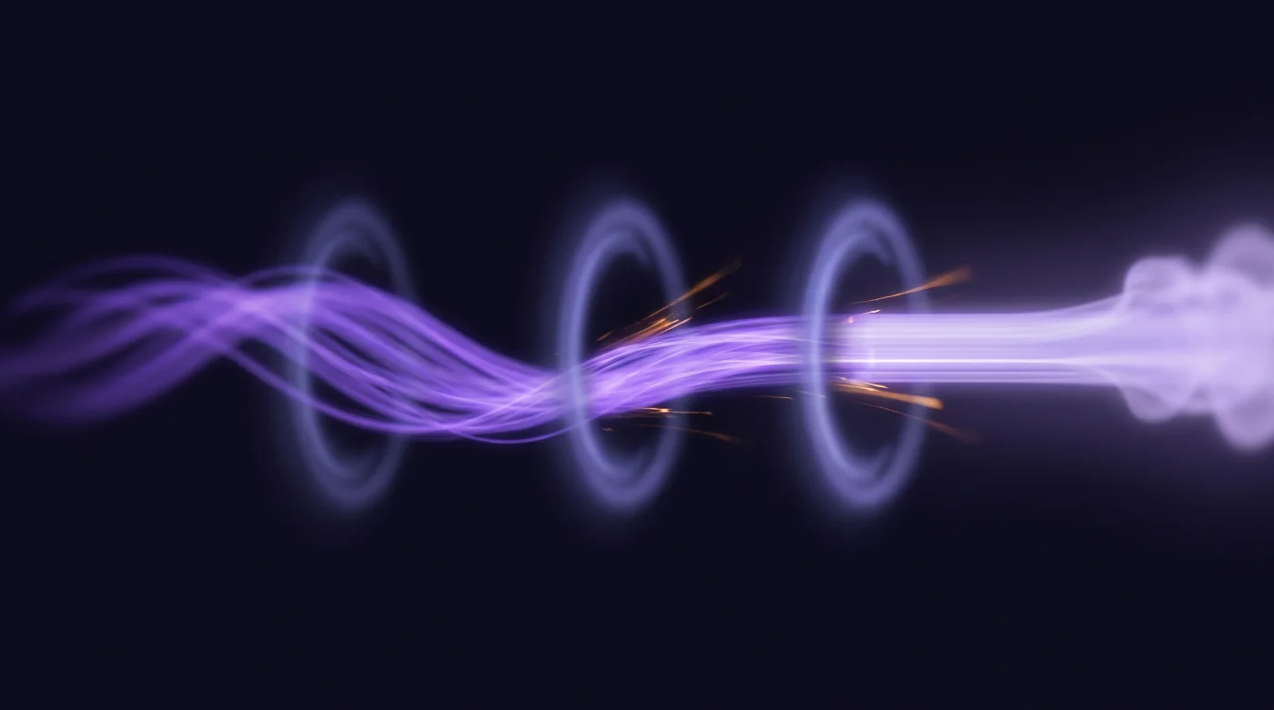 Ein Strom aus Lichtpartikeln fließt durch drei Schwellen und ordnet sich dabei