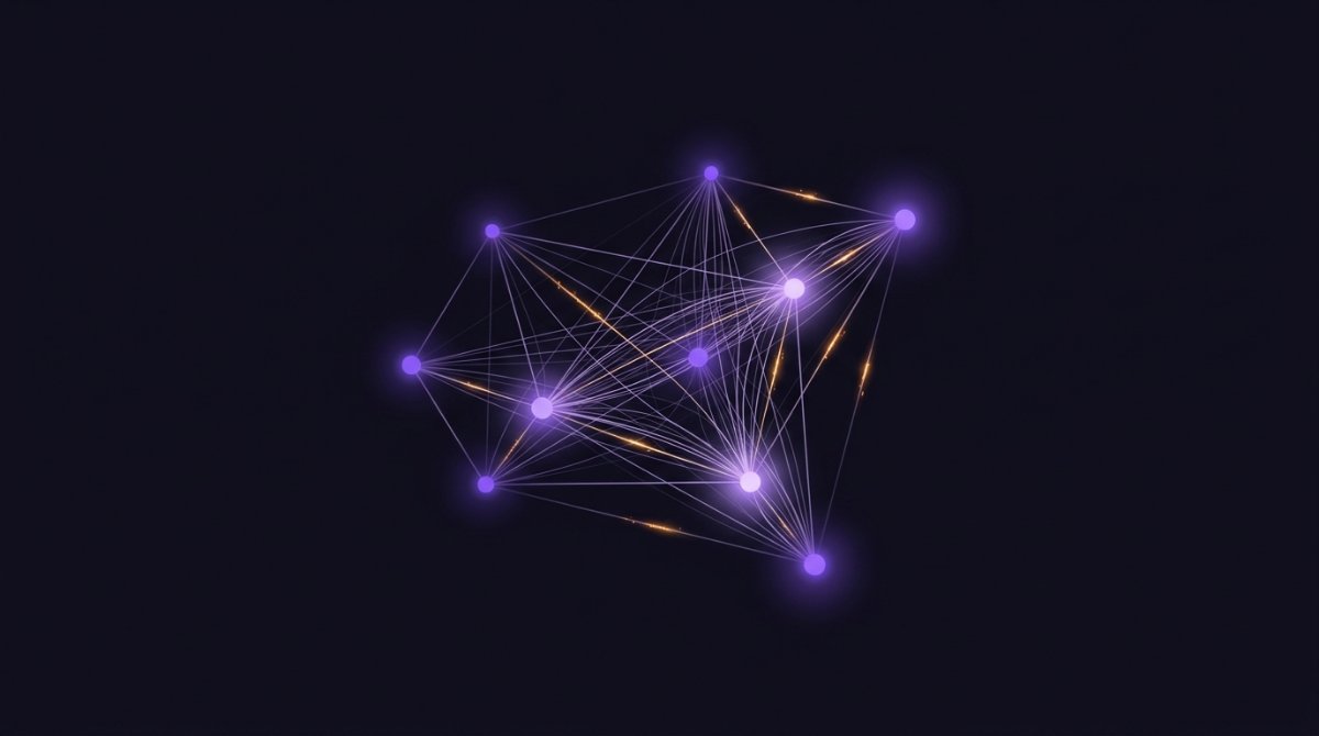 Leuchtende Knoten sind durch ein Netz feiner Fäden verbunden, stärker verbundene Knoten leuchten heller