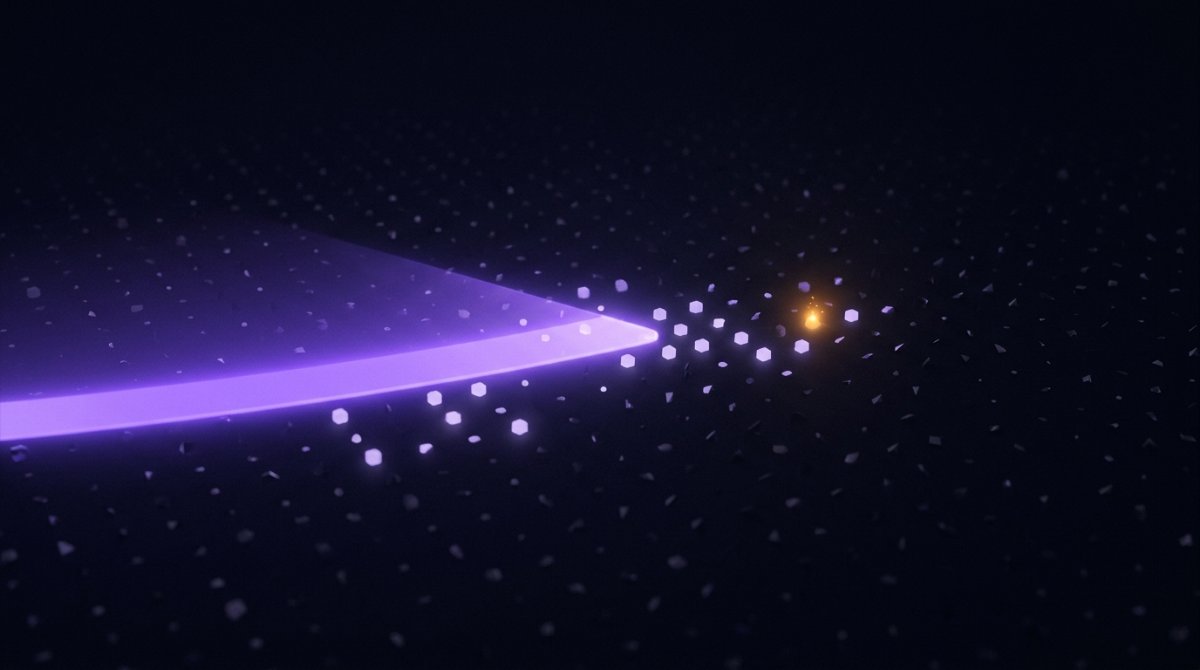 Ein heller Lichtstrahl fährt über ein Feld schwacher Formen, einige davon leuchten auf und bleiben hell