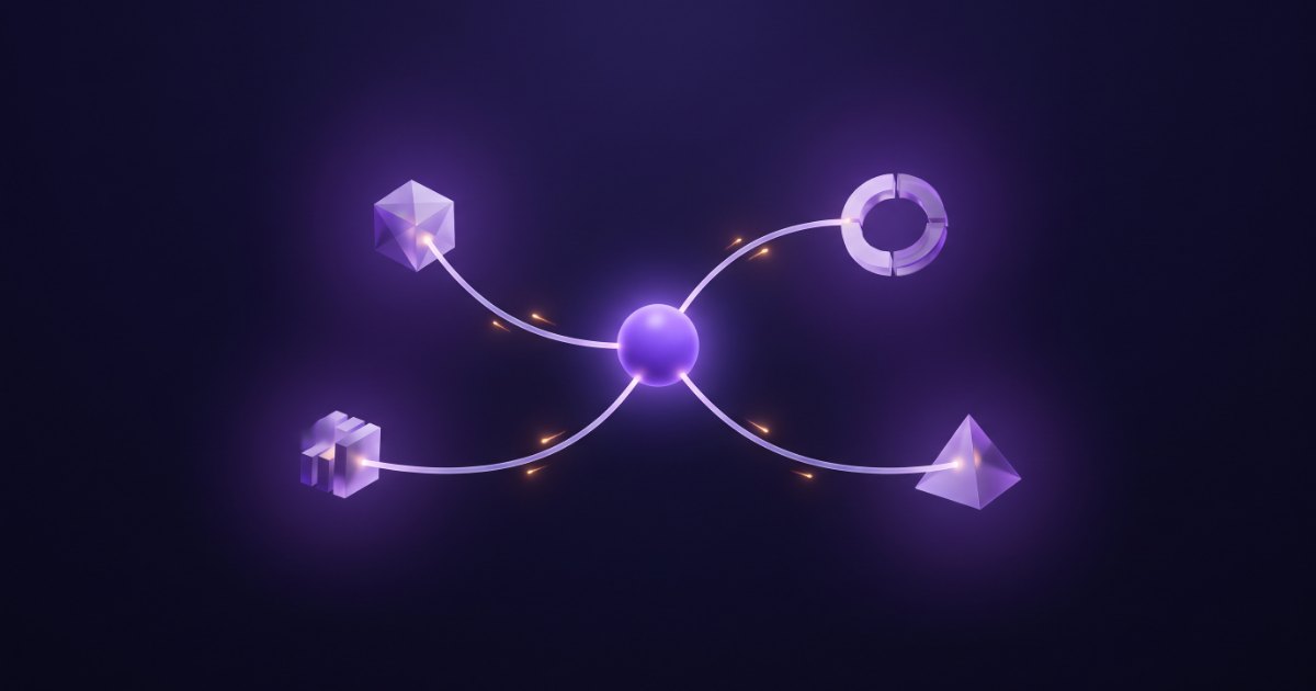 Ein zentraler leuchtender Knoten verbindet sich über Lichtkanäle mit vier unterschiedlichen geometrischen Formen