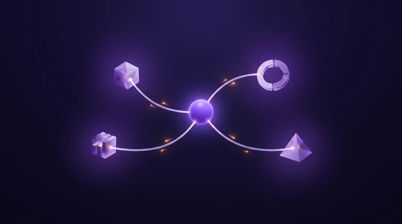 Ein zentraler Knoten mit Lichtkanälen zu vier verschiedenen geometrischen Formen