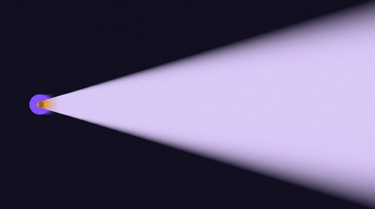 Eine kleine helle Form am linken Rand wirft einen weiten Lichtkegel, der alles dahinter formt