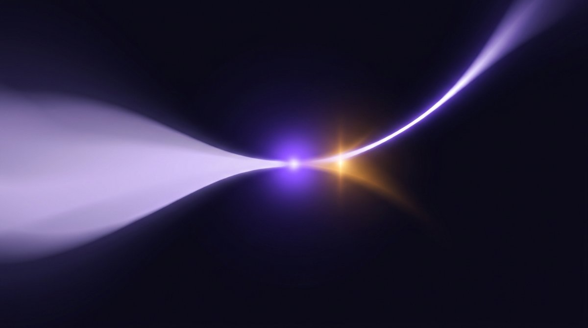 Aus einer hellen Lichtquelle laufen zwei Ströme auseinander, einer breit und blass, einer schmal und intensiv