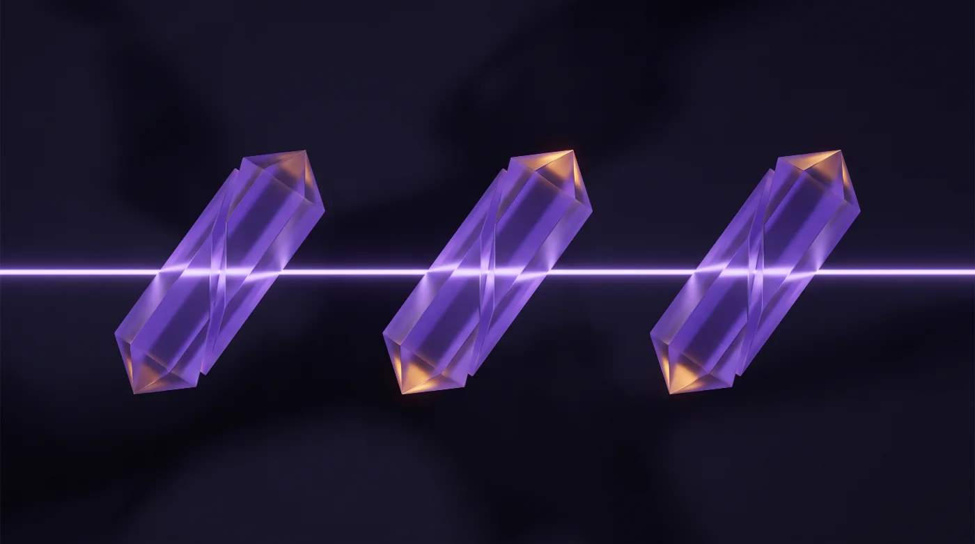 Drei geometrische Formen drehen sich in eine Linie, ein Lichtstrahl geht hindurch