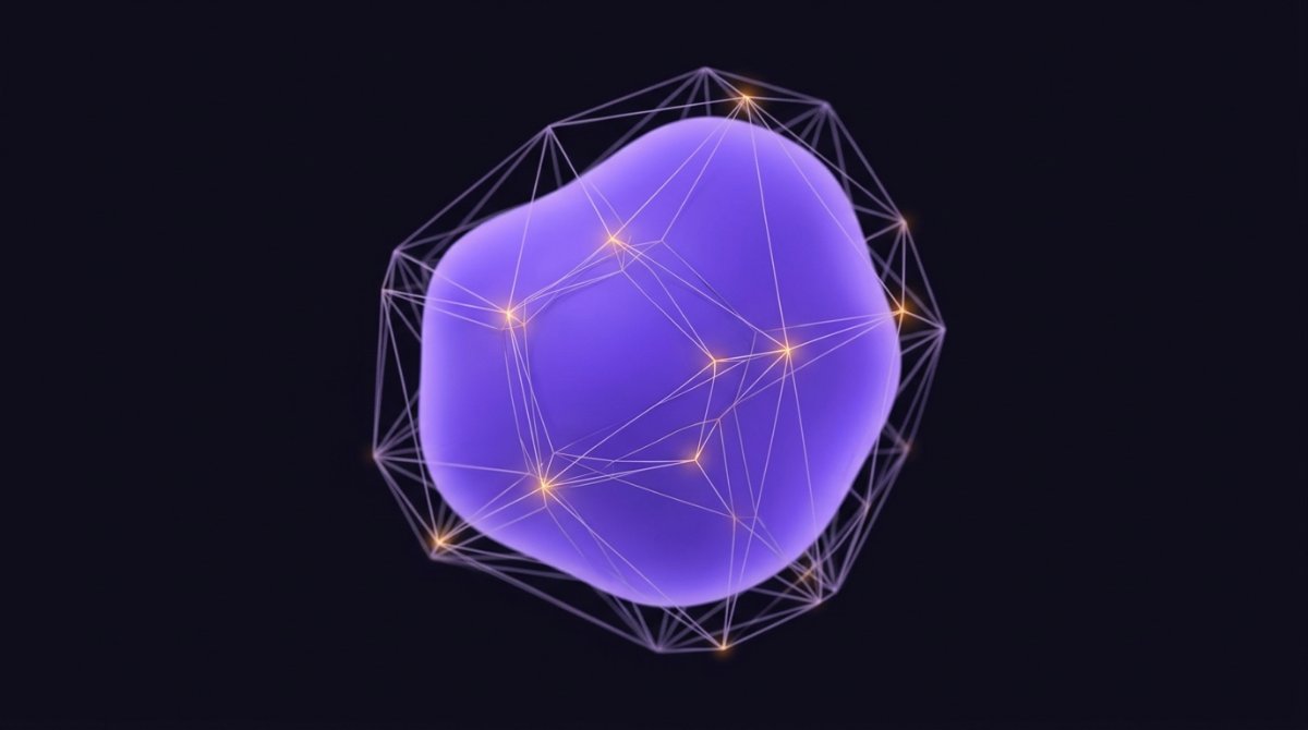 Eine weiche leuchtende Form wird von einem feinen, kaum sichtbaren Gerüst getragen, das ihre Geometrie sichtbar macht